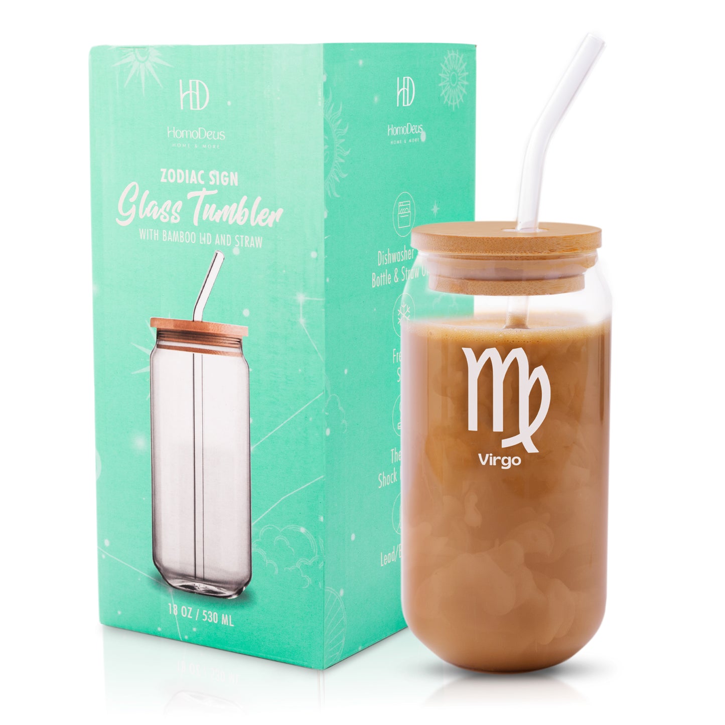 18oz Iced Coffee Cup | Beer Can Glass | Coffee Glass Cup with Lid and Straw | Zodiac Gifts for Women and Men